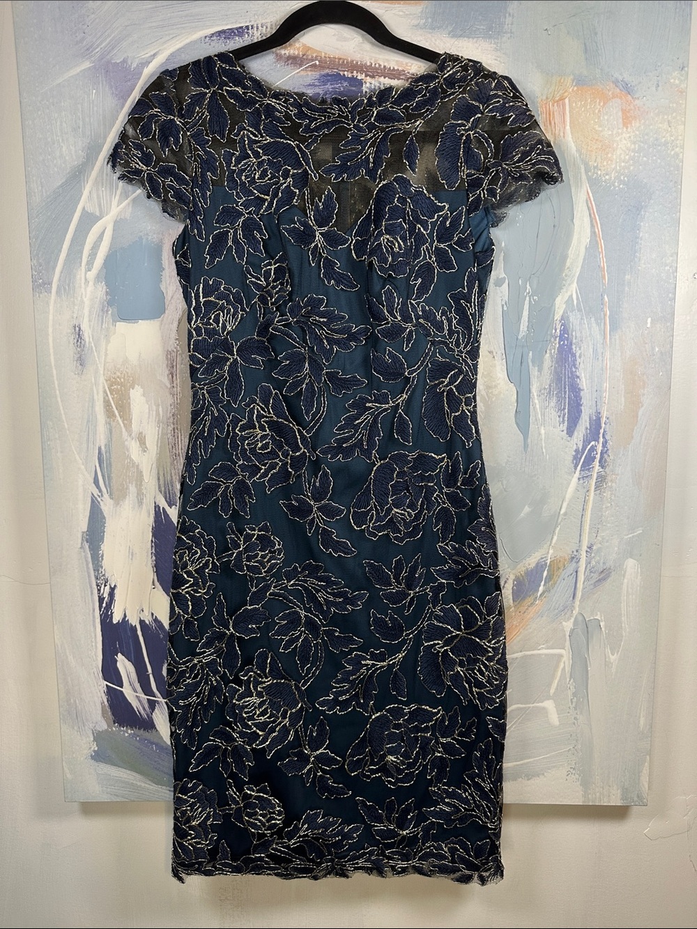 Tadashi Shoji Halona Dress Sz 4 Deep Teal Blue Green Floral Gold Lace SMALL 4 - Picture 9 of 13